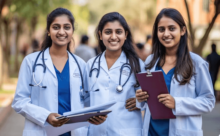 Medical students in white coats preparing for MBBS admissions